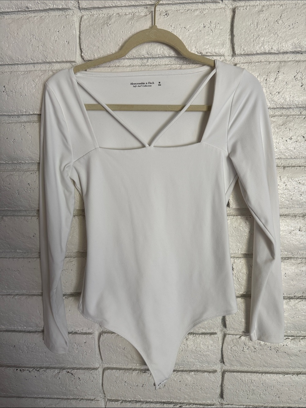 Abercrombie & Fitch White Long-Sleeve Square-Neck Bodysuit with Strap Detail